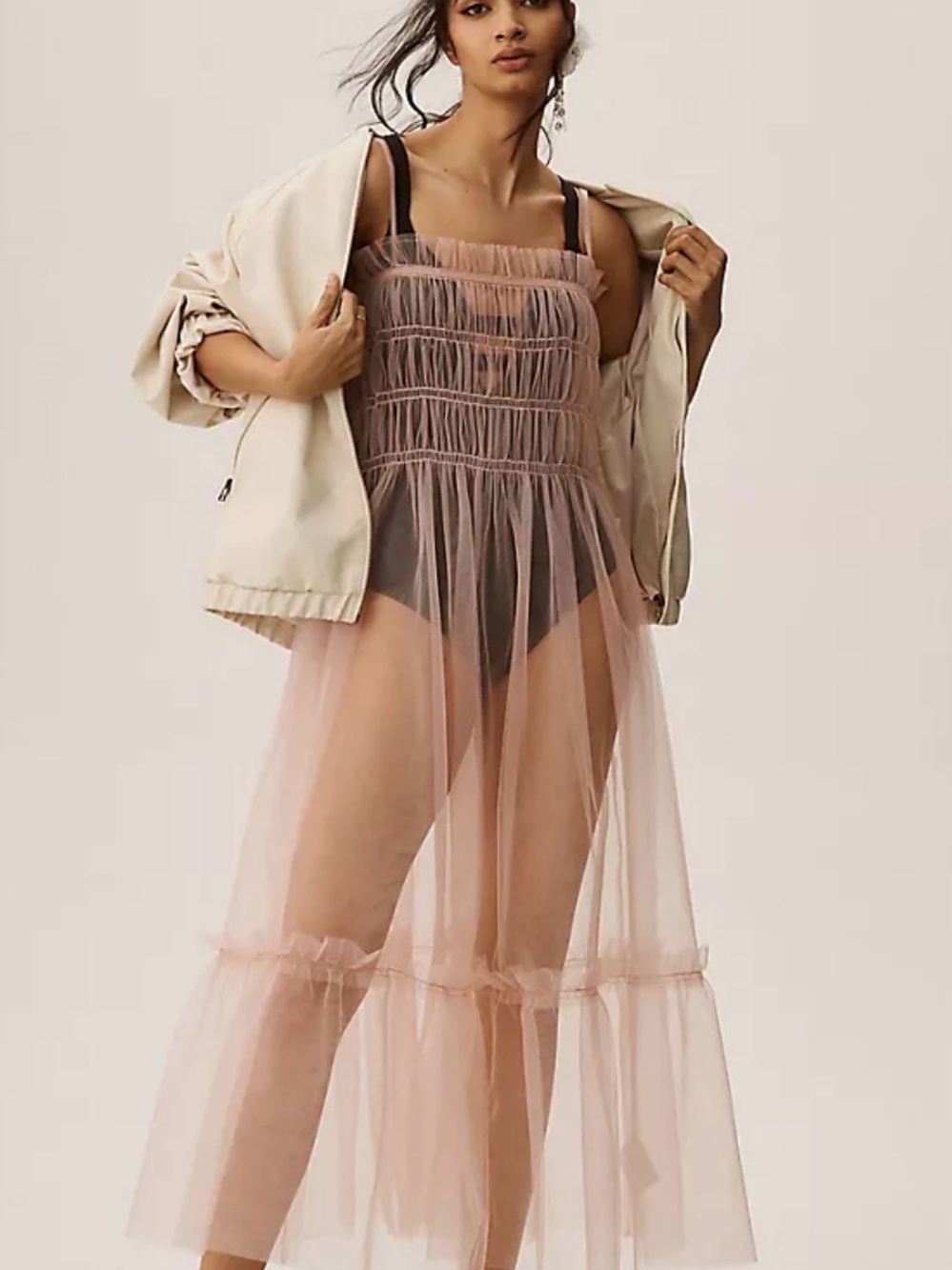 Sheer Ruched Tulle Maxi Slip Dress - Dusty Rose